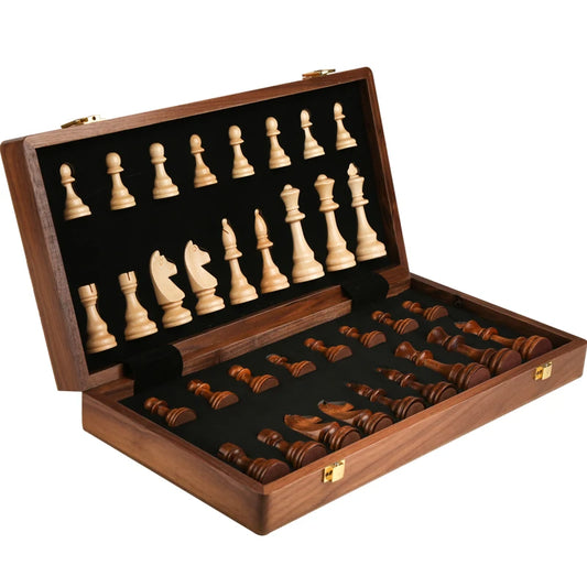 Luxury Wooden Chess Set – Handcrafted Walnut Folding Board with Solid Wood Pieces