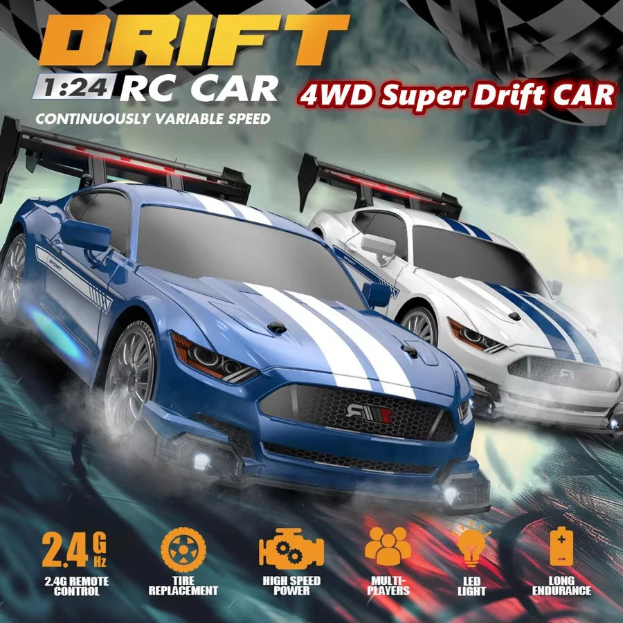 RC Mustang Drift Racer – 4WD High-Speed Car with Replaceable Wheels (1:24 Scale)